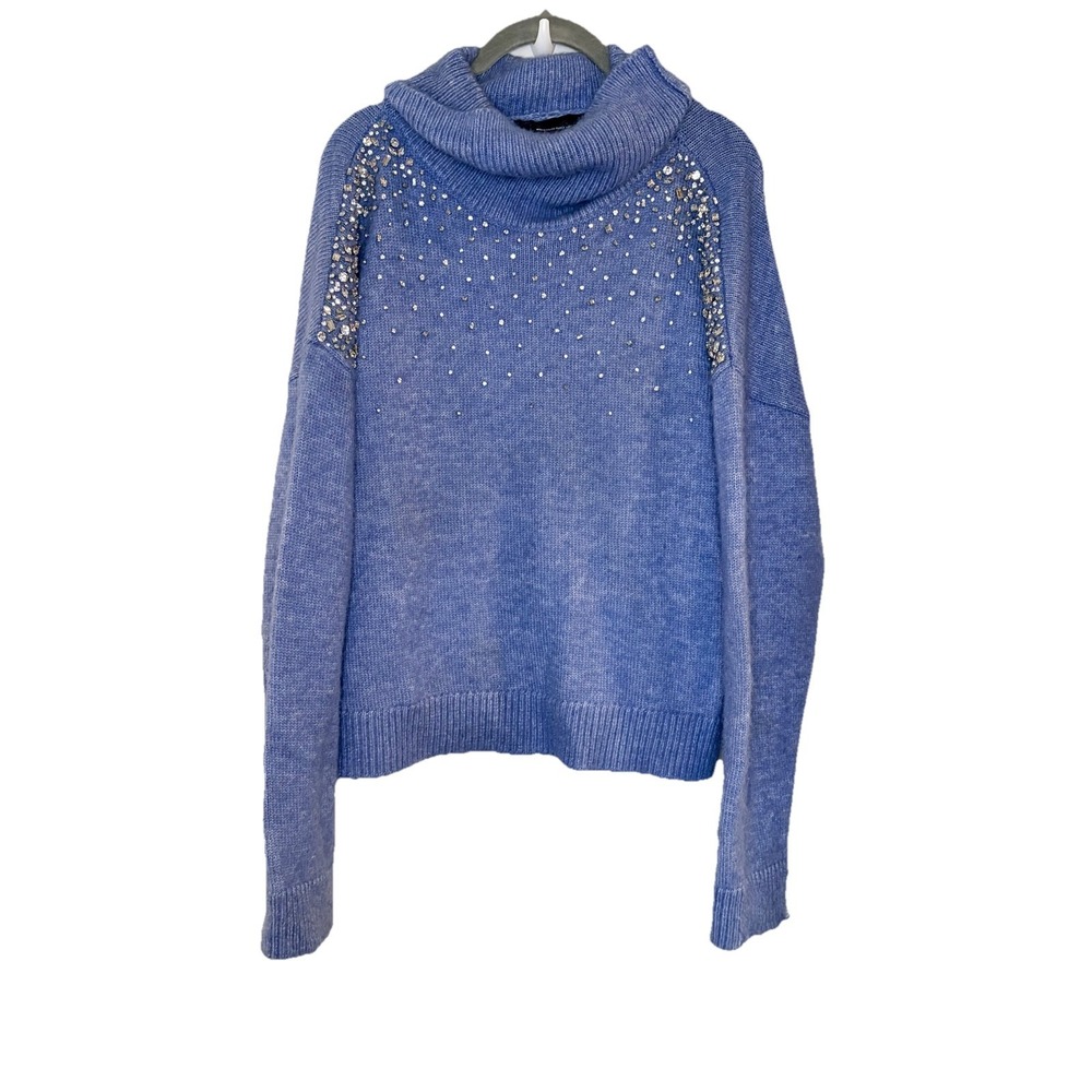 White House Black Market Bling Rhinestone Embellished Cowl Neck Blue Sweater L
